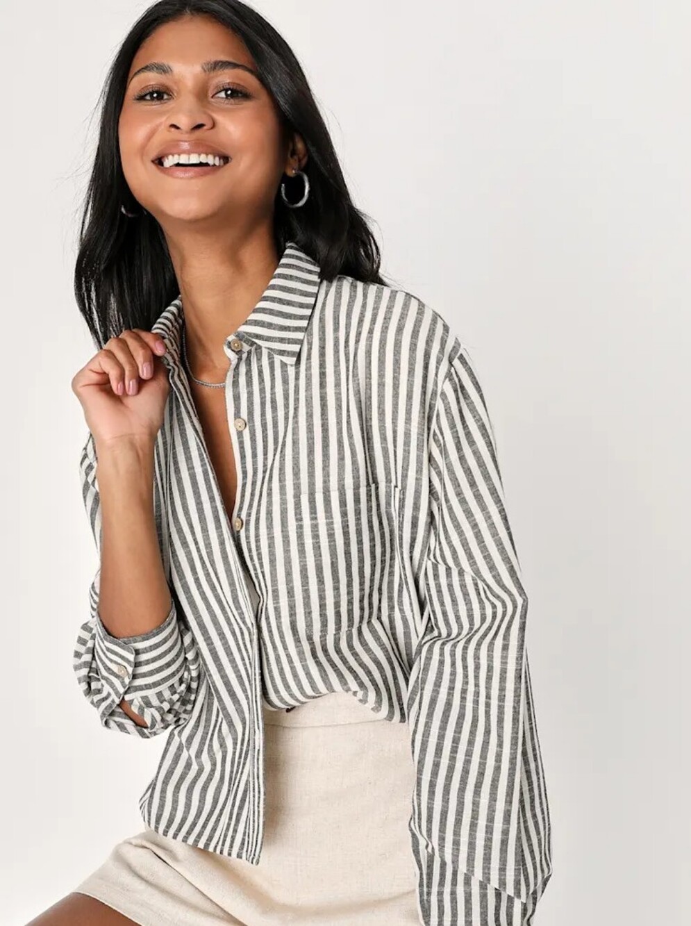 Lulus Chic Marvel White and Grey Striped Button-Up Long Sleeve Top Cropped